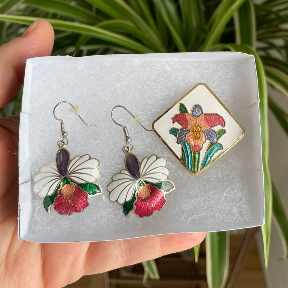 VINTAGE Bundle Cloisonné Orchid Earrings + Iris Brooch Enamel Women's